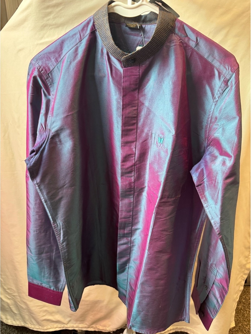 104 Vintage Dennis Martin Pure Silk Slim Fit Shirt with Butterfly Embroidery